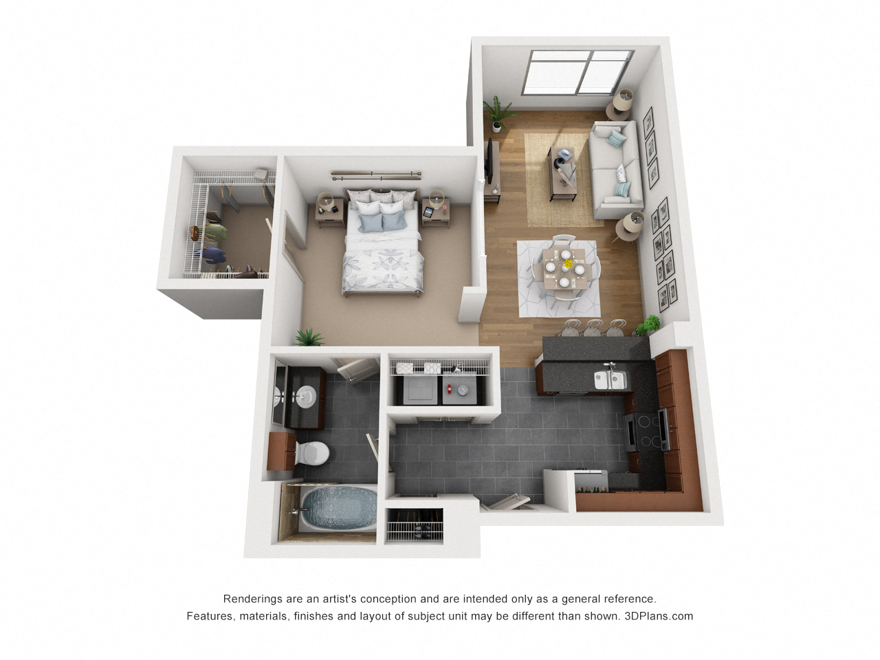 Floor plan for 1 bed, 1 bath, 874 sqft